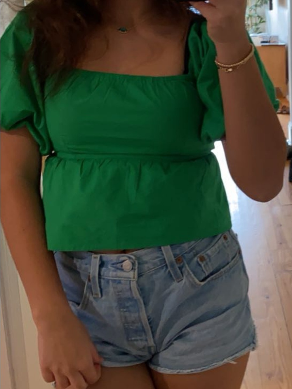 Simplicity Emerald Square-Neck Puff Sleeve Blouse
